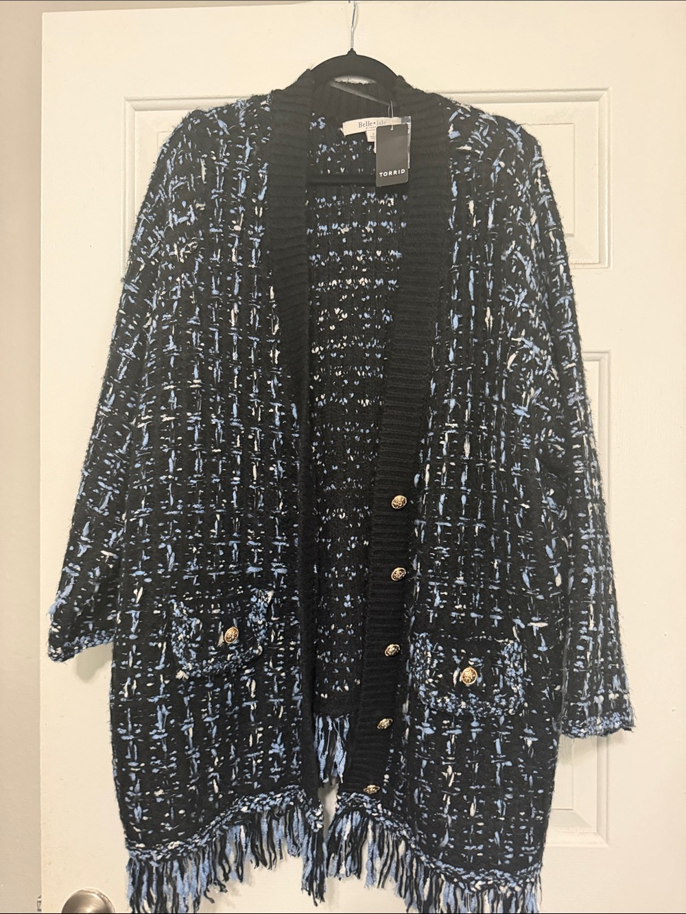 torrid Black and Blue Tweed Fringe Open Cardigan with Gold Buttons